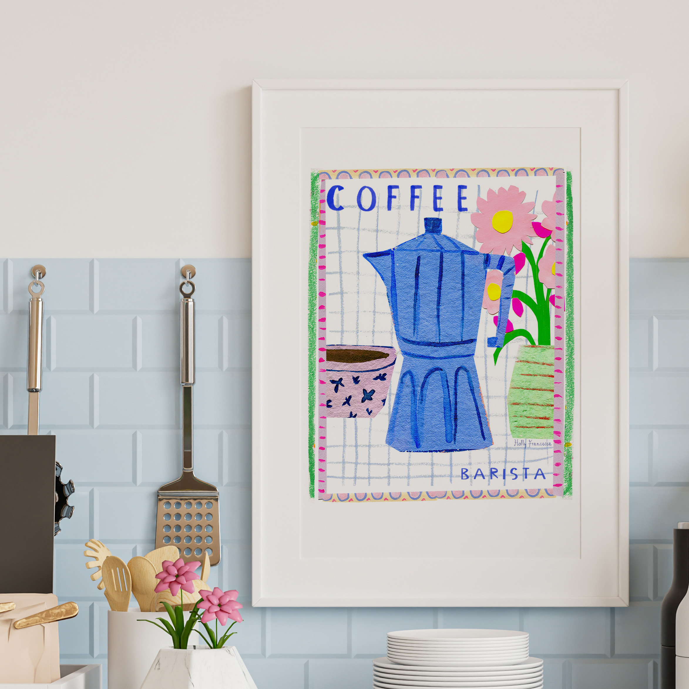 Good Morning Coffee Barista Art Print - Watercolour Collage Poster